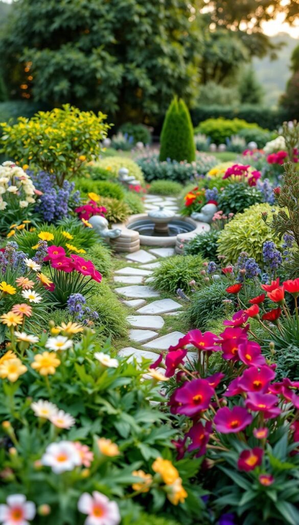 a stunning and visually appealing garden layout design, featuring a lush foreground with a variety of colorful flowers, plants, and greenery arranged in a harmonious and aesthetically pleasing composition. the middle ground showcases a focal point, such as a charming garden path or a decorative water feature, surrounded by well-placed foliage and strategically placed garden accents. the background gently fades into a serene and tranquil landscape, with a soft, warm lighting that creates a calming and inviting atmosphere. the overall design is meticulously crafted to showcase the beauty and versatility of a small-scale flower garden, inspiring the viewer to envision the transformative potential of even the most compact outdoor spaces.