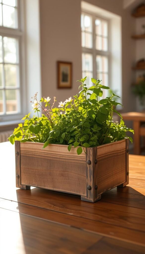 a well-crafted, minimalistic herb garden planter on a wooden table in a bright, airy room with large windows, natural sunlight streaming in, casting warm shadows. The planter is made of distressed wood and metal, with a variety of lush, vibrant herb plants neatly arranged inside, their delicate leaves and flowers gently swaying. The overall scene conveys a sense of rustic, homely charm and tranquility, perfectly suited for a beginner's DIY gardening project.