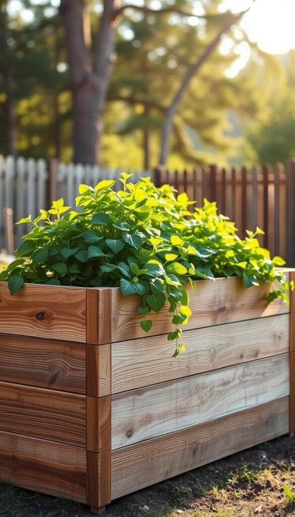 A DIY raised garden bed with a rustic, weathered appearance stands in a sun-dappled backyard. The bed is constructed from reclaimed wood planks, their surfaces adorned with natural knots and distressed textures. Lush, vibrant greenery cascades over the sides, creating a verdant, bountiful display. The background features a tranquil, blurred landscape with a wooden fence and towering trees, conveying a sense of peaceful, homegrown abundance. Warm, golden sunlight filters through the scene, casting soft shadows and highlighting the tactile, handcrafted nature of the raised bed project. The overall mood is one of simple, DIY charm and the rewarding experience of growing your own food.