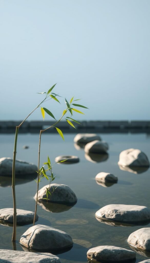 A Zen garden with a tranquil pond, surrounded by smooth rocks and minimalist foliage. Soft, indirect lighting bathes the scene, creating a serene and contemplative atmosphere. In the foreground, a single graceful bamboo plant sways gently, its leaves casting delicate shadows on the water's surface. The middle ground features carefully arranged stones of varying sizes and shapes, their textures and patterns embodying the principles of simplicity and balance. The background blends seamlessly with the horizon, hinting at the boundless expanses of nature. An ethereal, meditative mood permeates the entire composition, inviting the viewer to pause and reflect on the timeless Zen design principles.
