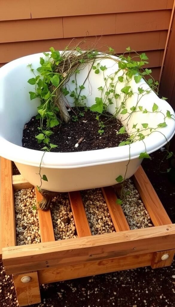 A bathtub repurposed as a raised garden bed, sitting atop a drainage setup. The bathtub is placed on a sturdy wooden frame, with gaps between the frame slats allowing water to drain efficiently. Inside the tub, a layer of gravel covers the bottom, followed by a soil-filled planter box. Trailing vines and lush foliage spill over the tub's edges, creating a rustic, nature-inspired scene. Warm, diffused lighting illuminates the setup, highlighting the textures and colors of the reclaimed materials. The overall composition conveys a sense of creativity, sustainability, and a harmonious integration of the garden with its unconventional container.