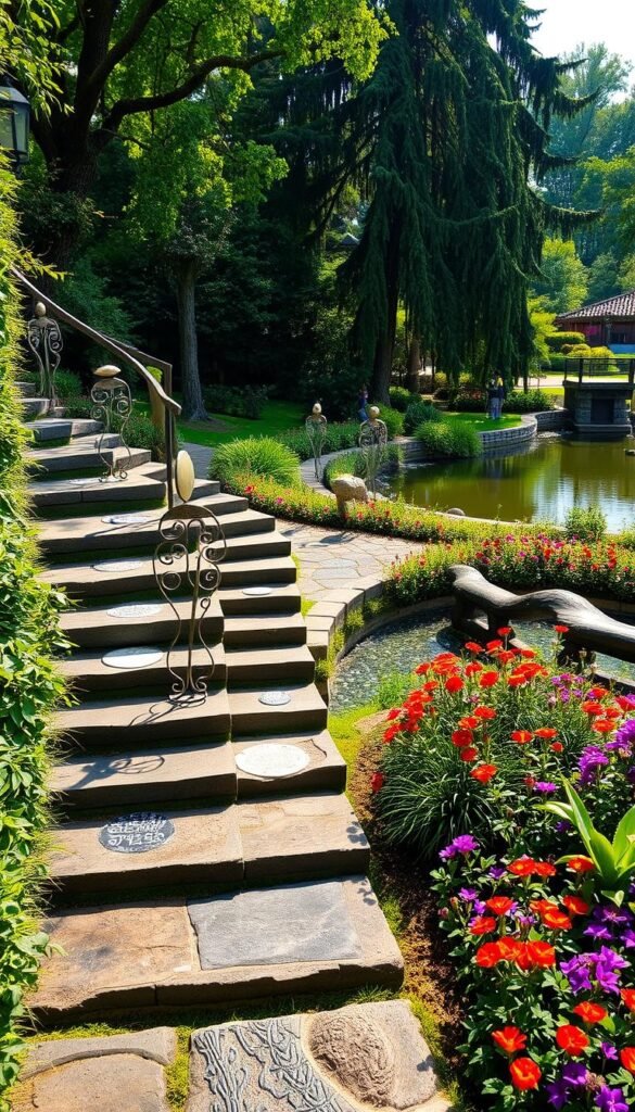 A beautiful garden oasis, with a cascading set of stone steps leading through lush greenery. In the foreground, intricate metal sculptures and mosaics adorn the steps, casting playful shadows across the path. The middle ground features a vibrant floral border, with bursts of color complementing the artistic installation. In the background, a serene pond reflects the tranquil scene, surrounded by towering trees and a warm, diffused natural light. The overall atmosphere is one of whimsical harmony, inviting visitors to explore this captivating integration of nature and art.