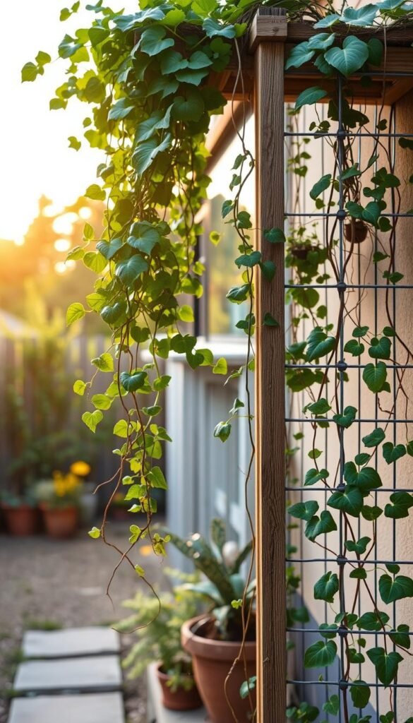 A beautiful, natural-looking vertical garden trellis system with lush, intertwining vines cascading down a sturdy wooden frame in the foreground. In the middle ground, a well-structured grid of wires and poles supporting a variety of climbing plants, creating a visually striking, geometric pattern. The background features a blurred, idyllic backyard setting with a small shed or structure, bathed in warm, golden afternoon sunlight, conveying a sense of peaceful, rustic charm. The overall composition emphasizes the harmonious integration of vertical gardening elements within a compact, urban-friendly space. A beautiful, natural-looking vertical garden trellis system with lush, intertwining vines cascading down a sturdy wooden frame in the foreground. In the middle ground, a well-structured grid of wires and poles supporting a variety of climbing plants, creating a visually striking, geometric pattern. The background features a blurred, idyllic backyard setting with a small shed or structure, bathed in warm, golden afternoon sunlight, conveying a sense of peaceful, rustic charm. The overall composition emphasizes the harmonious integration of vertical gardening elements within a compact, urban-friendly space.
