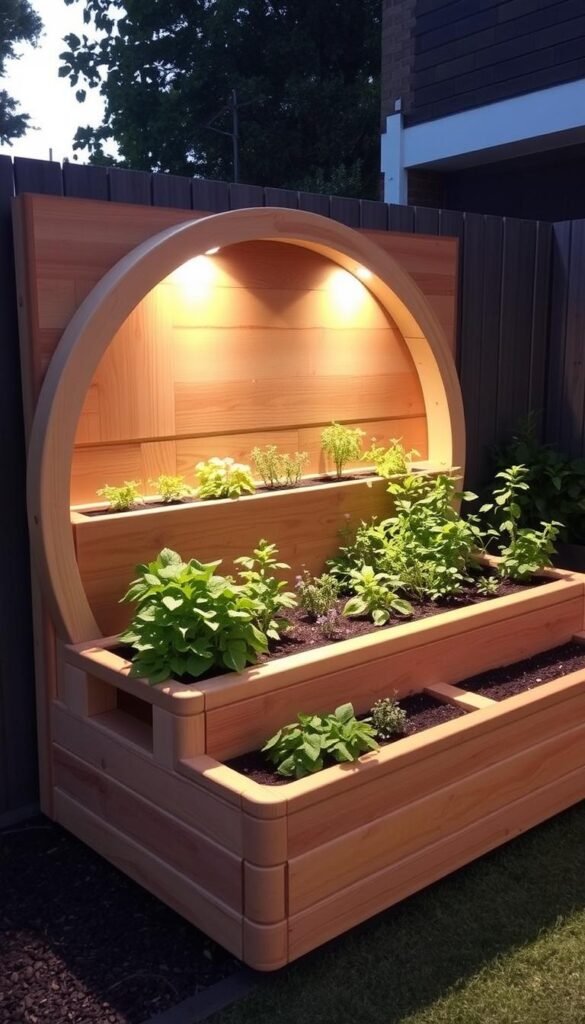 A beautifully crafted ergonomic raised garden bed, designed with accessibility in mind. The bed features a gently sloping platform, raised to a comfortable working height, with smooth, rounded edges. The structure is constructed from warm, natural wood, evoking a rustic, earthy aesthetic. Soft, indirect lighting casts a gentle glow, creating a serene and inviting atmosphere. The carefully considered layout optimizes the available space, with thoughtfully arranged planting sections for a variety of herbs, vegetables, and flowers. The overall design seamlessly blends form and function, creating a practical and visually appealing raised garden oasis. A beautifully crafted ergonomic raised garden bed, designed with accessibility in mind. The bed features a gently sloping platform, raised to a comfortable working height, with smooth, rounded edges. The structure is constructed from warm, natural wood, evoking a rustic, earthy aesthetic. Soft, indirect lighting casts a gentle glow, creating a serene and inviting atmosphere. The carefully considered layout optimizes the available space, with thoughtfully arranged planting sections for a variety of herbs, vegetables, and flowers. The overall design seamlessly blends form and function, creating a practical and visually appealing raised garden oasis.