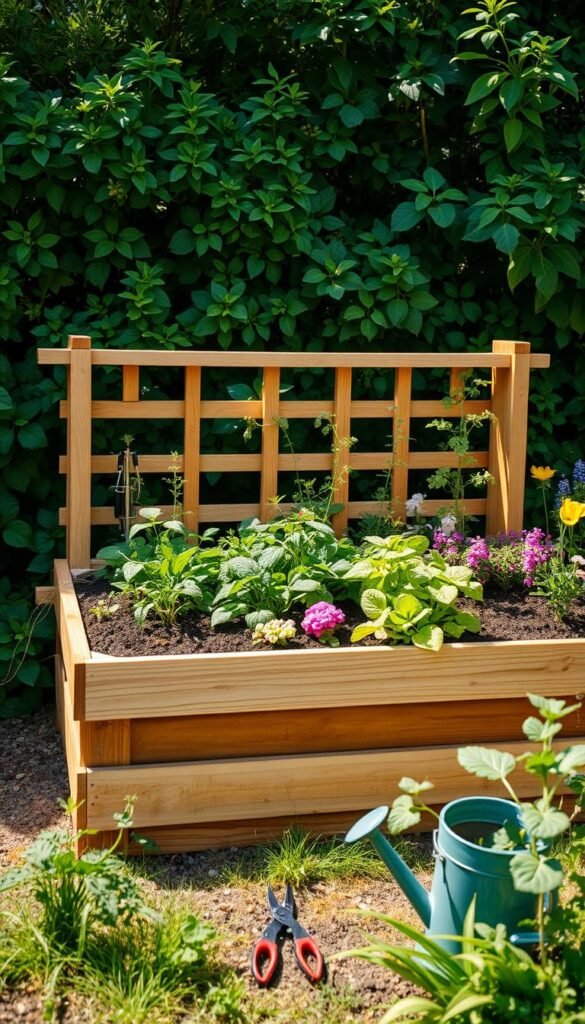 A beautifully crafted raised garden bed set against a lush, verdant backdrop. The bed's sturdy wooden frame is filled with rich, dark soil, ready to nurture a bountiful variety of vibrant vegetables, herbs, and flowers. Sunlight filters through the surrounding foliage, casting a warm, natural glow across the scene. The bed's elevated design allows for easy access and efficient water drainage, showcasing the perfect blend of form and function. In the foreground, a pair of secateurs rests next to a small watering can, hinting at the care and attention given to this thriving oasis. The overall composition exudes a sense of tranquility and the joy of homegrown gardening.