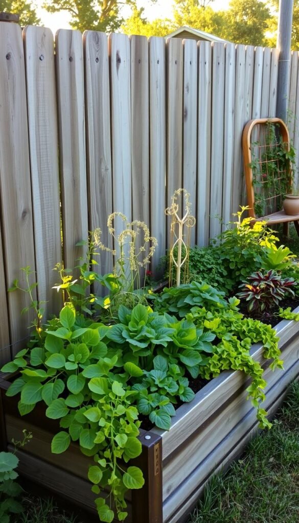 A beautifully designed raised garden bed nestled along a weathered wooden fence, bathed in the soft, golden light of an afternoon sun. The bed is filled with a vibrant array of lush greenery, from leafy vegetables to trailing vines, all neatly organized into a harmonious, visually appealing layout. The fence serves as a natural backdrop, its rustic charm complementing the organic forms of the plants. A few decorative elements, such as wooden trellises or stone borders, add subtle touches of elegance, while the overall composition emphasizes the efficiency and beauty of this space-saving garden design. A beautifully designed raised garden bed nestled along a weathered wooden fence, bathed in the soft, golden light of an afternoon sun. The bed is filled with a vibrant array of lush greenery, from leafy vegetables to trailing vines, all neatly organized into a harmonious, visually appealing layout. The fence serves as a natural backdrop, its rustic charm complementing the organic forms of the plants. A few decorative elements, such as wooden trellises or stone borders, add subtle touches of elegance, while the overall composition emphasizes the efficiency and beauty of this space-saving garden design.