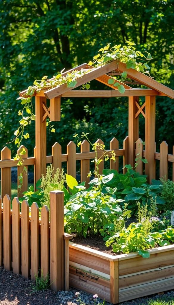 A beautifully designed raised garden bed, surrounded by a stylish wooden fence, stands in a peaceful, sun-dappled setting. The lush, vibrant vegetables and herbs within are protected from curious critters by the carefully crafted fencing, blending seamlessly with the natural landscape. Delicate climbing vines trail over the rustic wooden structure, adding a touch of whimsy. Soft, warm lighting illuminates the scene, creating a welcoming and inviting atmosphere. The overall composition conveys a sense of harmony between functionality and aesthetic, showcasing a practical yet visually appealing critter-proof garden design. A beautifully designed raised garden bed, surrounded by a stylish wooden fence, stands in a peaceful, sun-dappled setting. The lush, vibrant vegetables and herbs within are protected from curious critters by the carefully crafted fencing, blending seamlessly with the natural landscape. Delicate climbing vines trail over the rustic wooden structure, adding a touch of whimsy. Soft, warm lighting illuminates the scene, creating a welcoming and inviting atmosphere. The overall composition conveys a sense of harmony between functionality and aesthetic, showcasing a practical yet visually appealing critter-proof garden design.