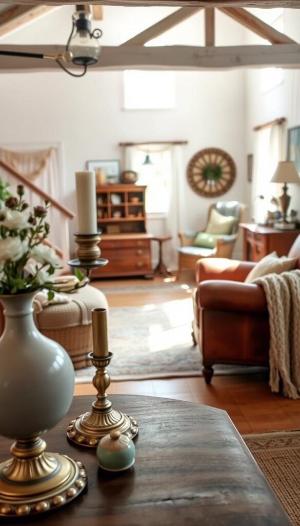 A beautifully lit, high-resolution comparison of historical home decor elements, showcasing the distinct aesthetics of Garden Cottage and Farmhouse styles. In the foreground, an elegant antique vase, ornate candlesticks, and a delicate floral arrangement evoke the Garden Cottage charm. In the middle ground, rustic wooden furniture, a worn leather armchair, and a cozy knitted throw illustrate the Farmhouse aesthetic. The background features a warm, sun-dappled interior with whitewashed walls, exposed beams, and a mix of vintage and modern accents, blending the two styles seamlessly. Crisp, natural lighting and a shallow depth of field create a sense of depth and atmosphere.