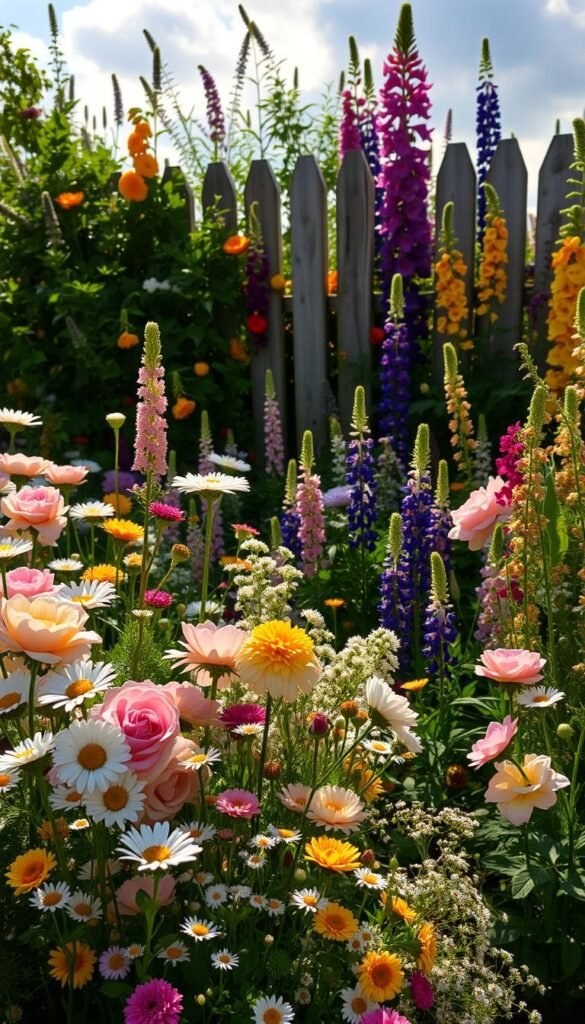 A bountiful display of lush, vibrant cottage garden flowers in a sun-dappled setting. In the foreground, a tapestry of blooms in warm hues - delicate English roses, cheerful daisies, and frilly peonies. The middle ground showcases a mix of playful salvias, frothy baby's breath, and trailing vines. In the background, a charming wooden fence frames the scene, partially obscured by a riot of colorful lupins, foxgloves, and hollyhocks. Soft, diffused lighting filters through wispy clouds, casting a golden glow over the entire composition. The overall atmosphere is one of carefree, romantic abundance, perfectly capturing the essence of an English cottage garden.