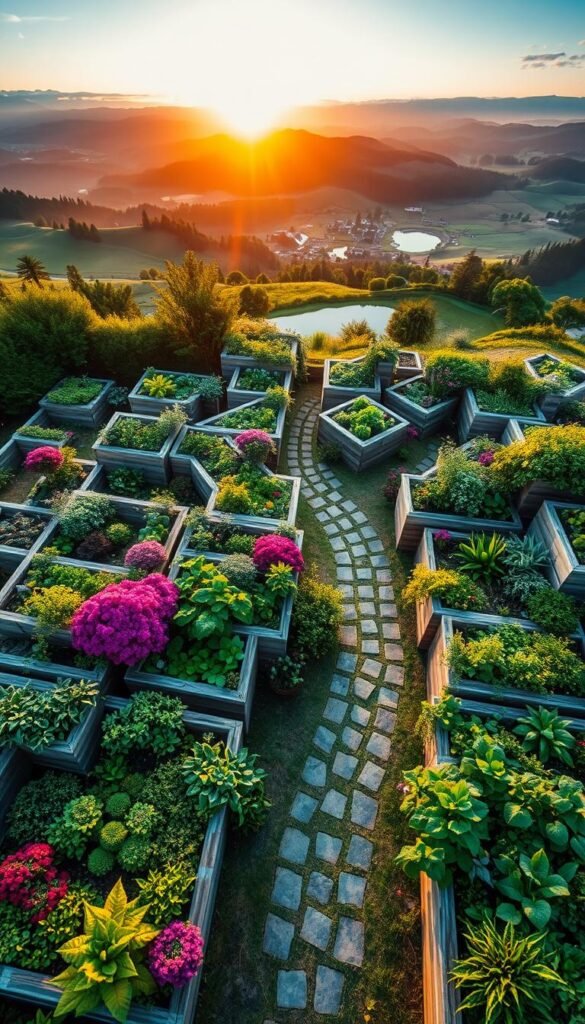 A breathtaking aerial view of a lush, meticulously designed raised bed garden. The foreground features an intricate arrangement of raised beds in various geometric shapes and sizes, crafted from weathered wood and stone. Vibrant, flourishing plants cascade over the edges, creating a tapestry of colors and textures. In the middle ground, a winding path leads through the beds, inviting exploration. The background showcases a picturesque landscape, with rolling hills, a tranquil pond, and a warm, golden sunset illuminating the scene. The lighting is soft and diffused, casting gentle shadows and highlighting the natural beauty of the garden. The overall composition exudes a sense of harmony, creativity, and a deep connection to the natural world. A breathtaking aerial view of a lush, meticulously designed raised bed garden. The foreground features an intricate arrangement of raised beds in various geometric shapes and sizes, crafted from weathered wood and stone. Vibrant, flourishing plants cascade over the edges, creating a tapestry of colors and textures. In the middle ground, a winding path leads through the beds, inviting exploration. The background showcases a picturesque landscape, with rolling hills, a tranquil pond, and a warm, golden sunset illuminating the scene. The lighting is soft and diffused, casting gentle shadows and highlighting the natural beauty of the garden. The overall composition exudes a sense of harmony, creativity, and a deep connection to the natural world.