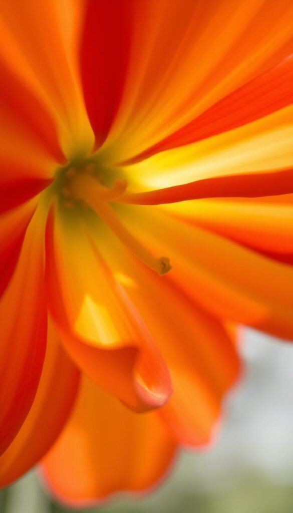 A captivating close-up of vibrant flower petals, their soft edges gently blurred, while the center remains in sharp focus. The background is a hazy, dreamy expanse, allowing the bloom to take center stage. Crisp lighting highlights the delicate textures and subtle gradients of the petals, creating a sense of depth and dimension. The camera is positioned at a low angle, emphasizing the bloom's graceful form and drawing the viewer's eye inward. The shallow depth of field, achieved through a wide aperture setting, isolates the subject and imparts a sense of intimacy and atmospheric quality.