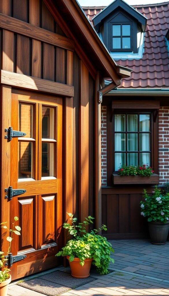 A charming Dutch-style cottage with warm, inviting wooden doors and windows. The foreground features a pair of sturdy, paneled Dutch doors in a rich, earthy tone, with intricate metal hardware and hinges. The middle ground showcases decorative window frames, adorned with delicate muntins and weathered wooden sills. Lush potted plants and seasonal flower boxes flank the entryway, adding a touch of whimsy. In the background, a cozy, gabled roofline with gently sloping eaves and decorative dormers creates a picturesque silhouette. Soft, natural lighting filters through the scene, casting gentle shadows and highlighting the tactile textures of the materials. The overall atmosphere evokes a sense of quaint, timeless elegance.