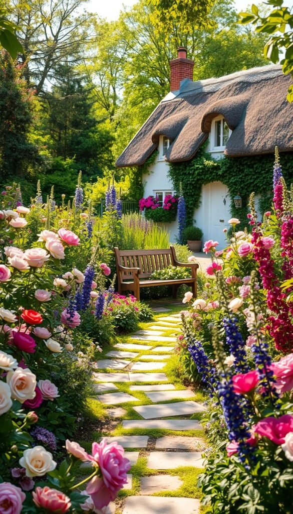 A charming English cottage garden in dappled sunlight, overflowing with an abundance of vibrant blooms in a soft color palette. In the foreground, a meandering stone path leads through a profusion of fragrant roses, peonies, and delphinium. The middle ground features a quaint wooden bench nestled amidst lush, cascading perennials, inviting the viewer to pause and soak in the tranquil atmosphere. In the background, a picturesque thatched-roof cottage with whitewashed walls sits peacefully, framed by a verdant backdrop of mature trees and shrubs. The overall scene evokes a sense of timeless, pastoral elegance, capturing the quintessential charm of the traditional cottage garden style.