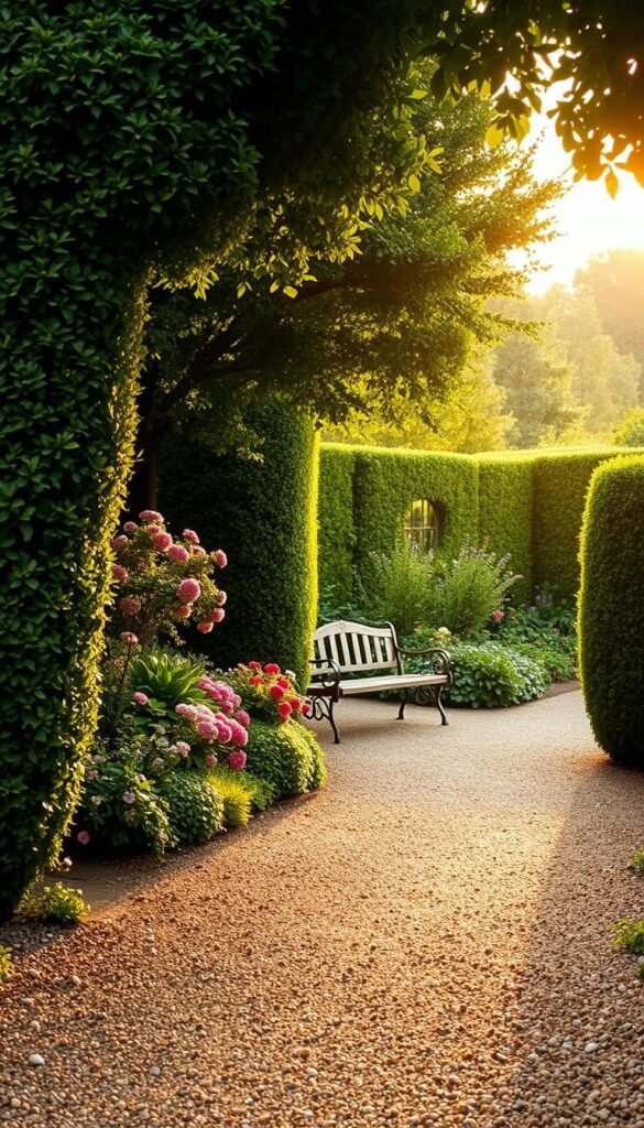 A charming English cottage garden path winds through lush, well-manicured hedges, creating a sense of tranquility and timeless elegance. The gravel path leads the eye towards a quaint garden bench, surrounded by an abundance of colorful blooms and verdant foliage. Warm, gentle sunlight filters through the hedges, casting a soft, golden glow over the scene. The overall composition invites the viewer to slow down, take a deep breath, and immerse themselves in the serene, inviting atmosphere of this quintessential English cottage garden.