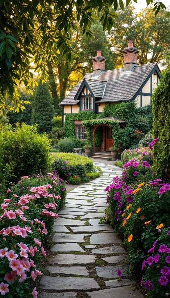 A charming English cottage garden pathway, winding through lush, overgrown foliage. The foreground is lined with vibrant blooms in shades of pink, purple, and yellow, their petals gently swaying in a soft breeze. The middle ground features a well-worn, stone path, inviting visitors to explore the enchanting scene. In the background, a picturesque cottage nestled among trailing vines and verdant trees, its weathered facade complementing the timeless elegance of the garden. Warm, golden light filters through the canopy, casting a cozy, inviting glow over the entire landscape. The overall atmosphere is one of rustic beauty, tranquility, and the timeless allure of the English countryside.