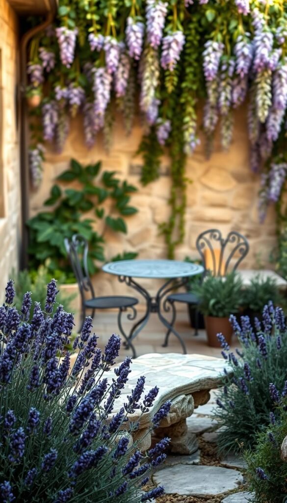 A charming French cottage garden with inviting seating areas. In the foreground, a cozy stone bench nestled among lush, fragrant lavender plants. In the middle ground, a decorative wrought-iron table and chairs set against a backdrop of cascading wisteria vines. The background features a quaint stone wall, framing the scene with a gentle, natural ambiance. Soft, warm lighting filters through the garden, creating a tranquil, elegant atmosphere. The overall composition evokes a sense of Provençal charm and peaceful relaxation, perfect for the featured article's section on establishing inviting outdoor spaces with French elegance.