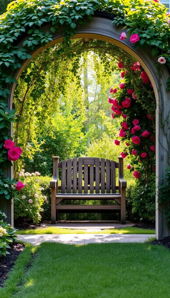 A charming arbor-framed garden scene, with a rustic wooden bench nestled amidst lush greenery and vibrant blooms. Dappled sunlight filters through the arched entryway, casting a warm, inviting glow. The bench, weathered yet welcoming, invites one to pause and savor the tranquil atmosphere. Trailing vines and climbing roses adorn the arbor, adding a touch of romantic whimsy. Underfoot, a neatly trimmed lawn complements the paved path leading to the cozy seating area. This classic, quintessential garden design evokes a sense of timeless charm and peaceful seclusion, perfectly capturing the essence of a quaint, private cottage courtyard. A charming arbor-framed garden scene, with a rustic wooden bench nestled amidst lush greenery and vibrant blooms. Dappled sunlight filters through the arched entryway, casting a warm, inviting glow. The bench, weathered yet welcoming, invites one to pause and savor the tranquil atmosphere. Trailing vines and climbing roses adorn the arbor, adding a touch of romantic whimsy. Underfoot, a neatly trimmed lawn complements the paved path leading to the cozy seating area. This classic, quintessential garden design evokes a sense of timeless charm and peaceful seclusion, perfectly capturing the essence of a quaint, private cottage courtyard.