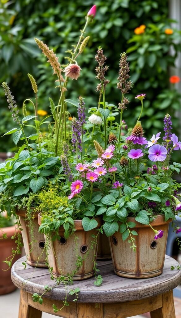 A charming arrangement of cottage garden containers with visible drainage holes, filled with a vibrant mix of trailing plants, fragrant herbs, and colorful flowers. The containers are positioned on a rustic wooden table or planter stand, with a backdrop of lush greenery and a soft, natural light. The scene exudes a sense of tranquility and invites the viewer to imagine the sights, scents, and textures of a well-tended cottage garden patio.