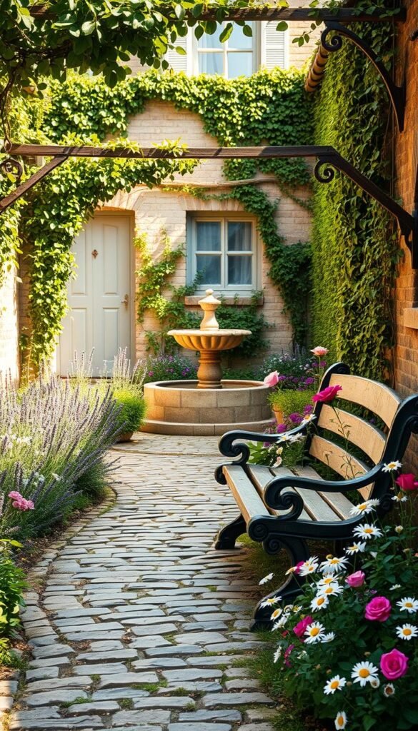 A charming cottage courtyard garden, bathed in warm afternoon sunlight. In the foreground, a cobblestone path winds through lush flower beds bursting with vibrant blooms - delicate lavender, fragrant roses, and cheerful daisies. A rustic wooden bench, weathered by time, invites visitors to pause and soak in the tranquil ambiance. The middle ground reveals a quaint stone fountain, its gentle gurgling adding to the serene atmosphere. Ivy-covered trellises frame the scene, creating a sense of privacy and enclosure. In the background, the weathered facade of the cottage peeks through, its mullioned windows and climbing vines exuding a timeless, cozy appeal. The lighting is soft and diffused, casting a warm, golden glow that enhances the cottage's charming character. A charming cottage courtyard garden, bathed in warm afternoon sunlight. In the foreground, a cobblestone path winds through lush flower beds bursting with vibrant blooms - delicate lavender, fragrant roses, and cheerful daisies. A rustic wooden bench, weathered by time, invites visitors to pause and soak in the tranquil ambiance. The middle ground reveals a quaint stone fountain, its gentle gurgling adding to the serene atmosphere. Ivy-covered trellises frame the scene, creating a sense of privacy and enclosure. In the background, the weathered facade of the cottage peeks through, its mullioned windows and climbing vines exuding a timeless, cozy appeal. The lighting is soft and diffused, casting a warm, golden glow that enhances the cottage's charming character.