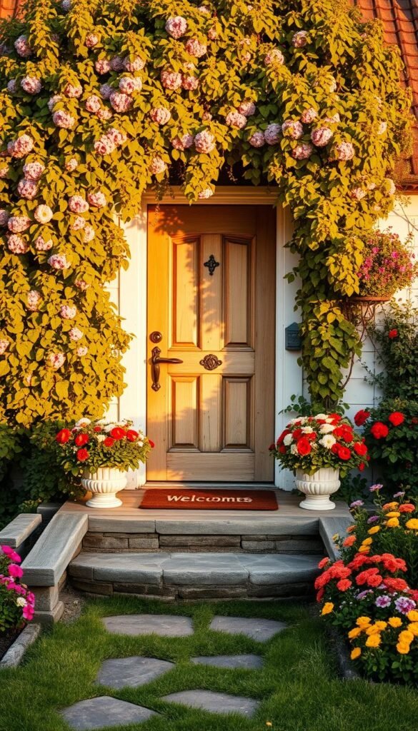 A charming cottage front door set against a picturesque landscape, bathed in warm, golden afternoon light. The entryway is invitingly framed by lush, flowering shrubs and climbers cascading over a whitewashed wooden frame. The door itself is a welcoming rustic wood with intricate detailing, its weathered appearance adding character. Stepping stones lead up to the entrance, surrounded by well-tended flower beds bursting with colorful blooms. A cozy welcome mat and a pair of cheerful potted plants flank the doorway, creating a sense of inviting hospitality. The cottage's quaint architecture and the inviting entry work together to beckon visitors inside, setting the tone for a delightful countryside retreat.