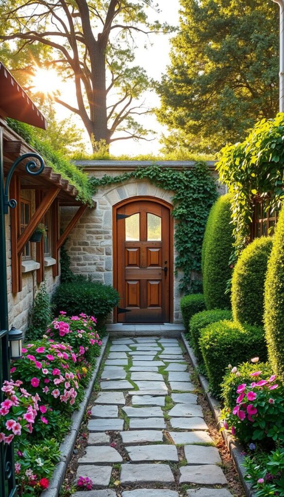 A charming cottage garden adorns the welcoming front entryway, with a well-tended path leading to an ornate wooden door. Lush, colorful blooms line the borders, their petals dancing in the gentle breeze. Ivy climbs the stone walls, adding a touch of rustic elegance. Strategically placed trellises and hedges provide a sense of privacy, while maintaining an inviting atmosphere. Warm, golden sunlight filters through the trees, casting a cozy glow over the scene. A whimsical garden gate stands open, beckoning visitors to step inside this idyllic retreat. The image captures the essence of blending privacy and a welcoming feel in a picturesque cottage garden front entryway. A charming cottage garden adorns the welcoming front entryway, with a well-tended path leading to an ornate wooden door. Lush, colorful blooms line the borders, their petals dancing in the gentle breeze. Ivy climbs the stone walls, adding a touch of rustic elegance. Strategically placed trellises and hedges provide a sense of privacy, while maintaining an inviting atmosphere. Warm, golden sunlight filters through the trees, casting a cozy glow over the scene. A whimsical garden gate stands open, beckoning visitors to step inside this idyllic retreat. The image captures the essence of blending privacy and a welcoming feel in a picturesque cottage garden front entryway.
