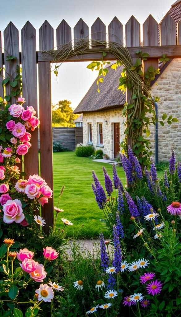 A charming cottage garden, bathed in warm, golden afternoon light. In the foreground, a vibrant tapestry of colorful blooms - cascading roses, delicate lavender, and cheerful daisies. In the middle ground, a weathered wooden fence frames the scene, entwined with climbing vines. Beyond, a lush green lawn leads the eye to a quaint, stone-walled cottage, its thatched roof gently sloping. The overall atmosphere is one of timeless, rustic elegance - a harmonious balance of nature and human touch, capturing the essence of the cozy cottage garden.