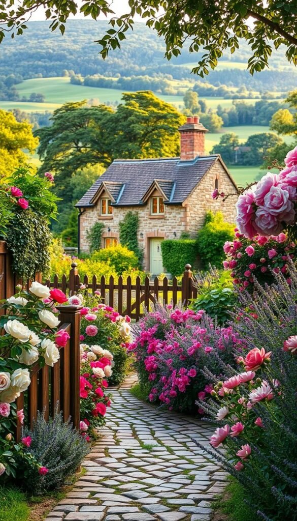 A charming cottage garden bursting with lush, colorful blooms. In the foreground, a cobblestone path winds through a profusion of fragrant roses, peonies, and lavender. Framing the scene, a rustic wooden fence draped in trailing vines. The middle ground features a quaint stone-and-timber cottage, its windows glowing warmly. Beyond, a verdant backdrop of mature trees and rolling hills, bathed in the soft, golden light of an afternoon sun. The atmosphere is one of peaceful tranquility, inviting the viewer to step into this idyllic haven of natural beauty.