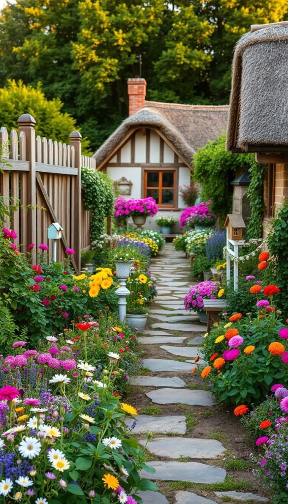 A charming cottage garden bursting with lush, vibrant blooms, set against a quaint wooden fence and a rustic stone pathway. In the foreground, an abundance of colorful perennials and trailing vines spill over the edges, creating a natural, effortless aesthetic. The middle ground features a delightful assortment of potted plants, birdhouses, and vintage garden ornaments, all bathed in warm, golden sunlight. In the background, a cozy, timber-framed cottage with a thatched roof nestles amidst a verdant backdrop of lush greenery and blooming shrubs, emanating a timeless, pastoral ambiance. Soft, diffused lighting casts a gentle, dreamy glow over the entire scene, evoking a sense of tranquility and charm.