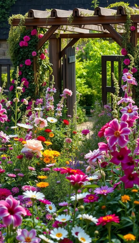 A charming cottage garden filled with a vibrant array of blooms, from the lush foreground of colorful perennials such as delphinium, peonies, and hollyhocks, to the mid-ground of cascading vines and fragrant herbs, all framed by a rustic wooden fence and a quaint country-style arbor in the background. Soft natural light filters through the scene, casting a warm, inviting glow and creating a sense of tranquility and timeless beauty. The overall composition conveys the essence of a traditional English country garden, perfect for illustrating the "Country Cottage Garden" section of the article.