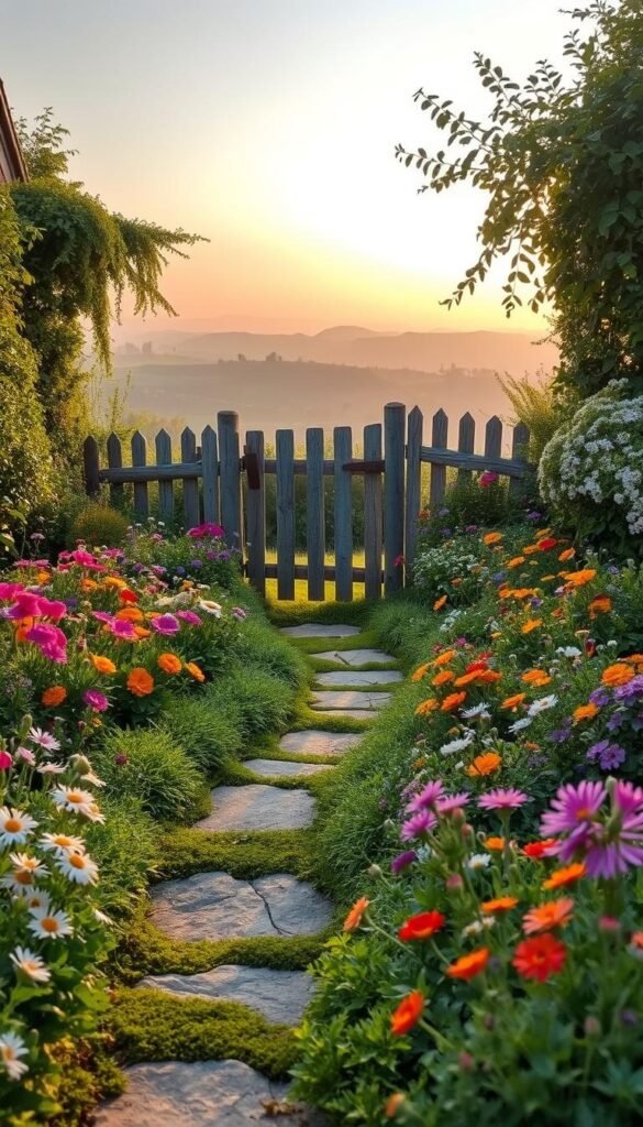 A charming cottage garden in the gentle evening light, the foreground adorned with a whimsical edging of vibrant wildflowers, their petals swaying softly in the breeze. A mossy stone path winds through the lush, verdant foliage, leading the eye to a quaint wooden fence in the middle ground, its weathered planks complementing the rustic aesthetic. Beyond, a picturesque backdrop of rolling hills and a hazy, warm sky, creating a serene and inviting atmosphere. The entire scene radiates a sense of peaceful, natural harmony, perfectly capturing the essence of a captivating cottage garden.
