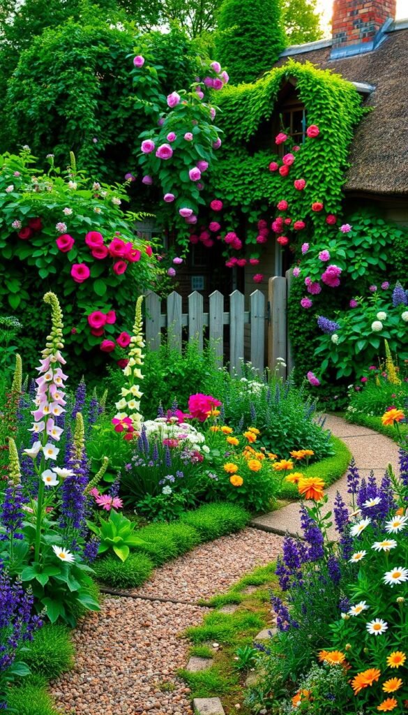 A charming cottage garden overflowing with an abundance of lush, vibrant blooms and verdant foliage. In the foreground, a winding gravel path meanders through a tapestry of colorful perennials, including delicate foxgloves, fragrant lavender, and cheerful English daisies. Bursts of color from climbing roses and cascading clematis adorn the quaint wooden fence in the middle ground. Nestled in the background, a rustic stone cottage with a thatched roof is partially obscured by the verdant, organic growth, creating a sense of timeless, enchanting seclusion. Soft, warm lighting filters through the scene, casting a gentle, inviting glow and evoking a serene, tranquil ambiance.