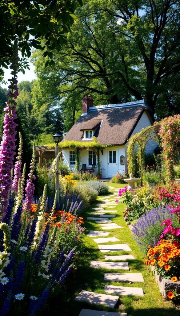 A charming cottage garden overflowing with lush blooms, sun-dappled and inviting. In the foreground, a quaint stone path winds through a riot of colorful perennials - fragrant lavender, cheerful daisies, and cascading nasturtiums. Towering hollyhocks and flourishing clematis frame the scene, casting soft shadows. The middle ground reveals a picturesque white-washed cottage, its thatched roof and flower-bedecked trellises evoking a sense of rustic elegance. Mature trees in the background provide a verdant backdrop, their dappled light creating a warm, golden glow. The overall atmosphere is one of whimsical tranquility, capturing the essence of cottage garden charm.