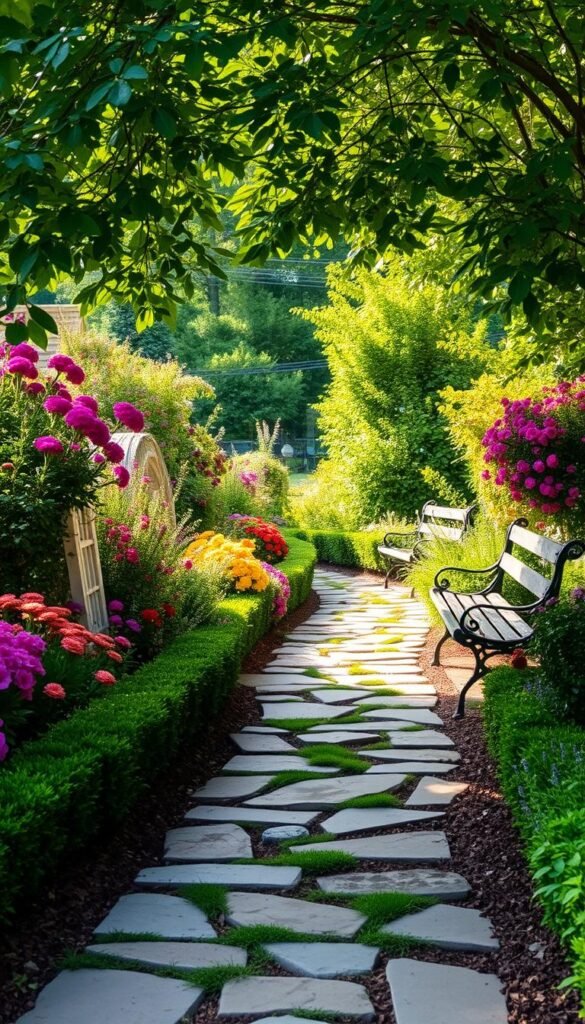 A charming cottage garden path winds through a lush, colorful tapestry of blooming flowers and lush greenery. Soft, diffused natural light filters through the canopy of trees, casting a warm, inviting glow. Flagstone pavers lead the way, punctuated by whimsical stepping stones and bordered by neatly trimmed hedges. Colorful perennials and fragrant herbs spill over the edges, beckoning visitors to slow down and savor the tranquil ambiance. Wrought-iron garden benches tucked along the path offer idyllic spots to pause and admire the verdant scenery. This serene, inviting setting evokes a sense of timeless, pastoral beauty, perfectly suited for a small, thoughtfully designed cottage garden.