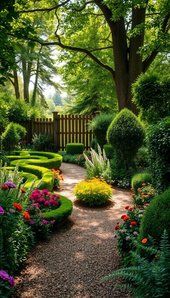 A charming cottage garden path winds through a lush, verdant landscape. In the foreground, a gravel-lined walkway meanders organically, flanked by vibrant flowers and meandering vines. Midground, sculpted hedges and delicate perennials create a sense of enclosure, guiding the viewer's gaze. In the background, a rustic wooden fence and towering trees frame the scene, casting dappled sunlight that filters through the foliage. The overall atmosphere is one of tranquility and timeless elegance, inviting the viewer to stroll through this idyllic setting.