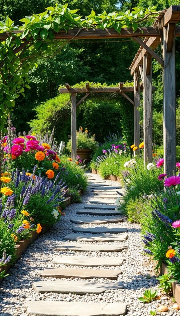 A charming cottage garden pathway winds through lush, vibrant greenery. Gravel crunches underfoot as you stroll past overflowing flower beds bursting with colorful blooms. Fragrant lavender and rosemary line the edges, their subtle scents carried on a gentle breeze. Ornate stone stepping stones guide the way, dappled sunlight casting a warm, inviting glow. Weathered wooden trellises support climbing vines, their tendrils creating a natural canopy overhead. The scene exudes a sense of tranquility, blending the orderly structure of the pathway with the whimsical, untamed beauty of the surrounding garden. Wide-angle lens, natural lighting, mid-afternoon. A charming cottage garden pathway winds through lush, vibrant greenery. Gravel crunches underfoot as you stroll past overflowing flower beds bursting with colorful blooms. Fragrant lavender and rosemary line the edges, their subtle scents carried on a gentle breeze. Ornate stone stepping stones guide the way, dappled sunlight casting a warm, inviting glow. Weathered wooden trellises support climbing vines, their tendrils creating a natural canopy overhead. The scene exudes a sense of tranquility, blending the orderly structure of the pathway with the whimsical, untamed beauty of the surrounding garden. Wide-angle lens, natural lighting, mid-afternoon.