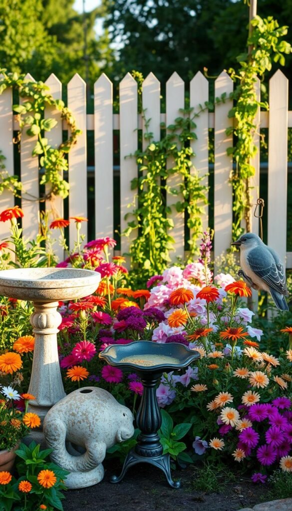 A charming cottage garden scene bathed in soft, warm afternoon light. In the foreground, a collection of rustic, weathered garden accents - a stone birdbath, a wrought-iron plant stand, and a ceramic bird feeder. The middle ground features a lush and vibrant mix of flowering annuals and perennials, their petals swaying gently in a light breeze. In the background, a quaint picket fence provides a natural frame, with climbing vines and trailing flowers cascading over the top. The overall atmosphere is one of tranquility and effortless beauty, inviting the viewer to linger and appreciate the delightful blend of functional elements and nature's enchanting display.