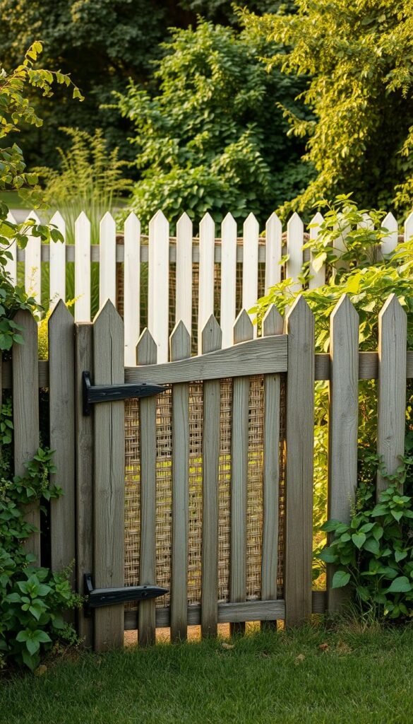 A charming cottage garden scene showcasing a beautifully blended fence design. In the foreground, a rustic wooden gate with intricate woven wattle panels stands open, inviting exploration. Behind it, a picket fence undulates organically, its weathered slats creating a whimsical rhythm. The middle ground features a mix of traditional picket and more informal woven fencing, seamlessly integrated to evoke a pastoral ambiance. Lush, overgrown foliage spills over the edges, softening the boundaries. Warm, diffused lighting filters through the scene, casting a golden glow and highlighting the natural textures. The overall composition conveys a sense of tranquility and timeless charm, perfectly suited for a enchanting cottage garden.