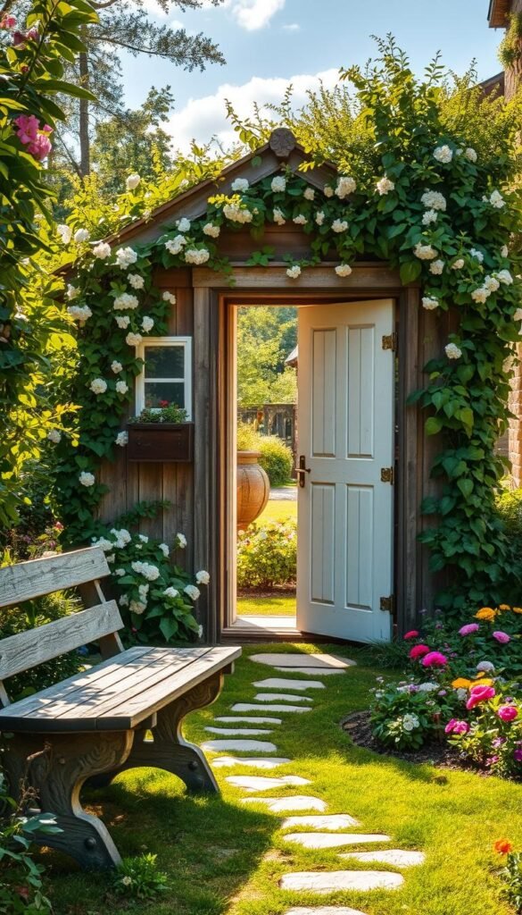 A charming cottage garden shed nestled amidst lush, overgrown foliage. Weathered wooden walls are adorned with trailing vines and blooming flowers, creating a sense of timeless, rustic beauty. Sunlight filters through the partially open door, casting a warm, inviting glow onto the scene. In the foreground, a weathered wooden bench invites visitors to pause and admire the tranquil setting. The background features a picturesque garden, with beds of colorful perennials and a winding stone path leading towards the shed. A sense of whimsy and nostalgia permeates the entire composition, evoking the enchanting ambiance of a quintessential cottage garden.
