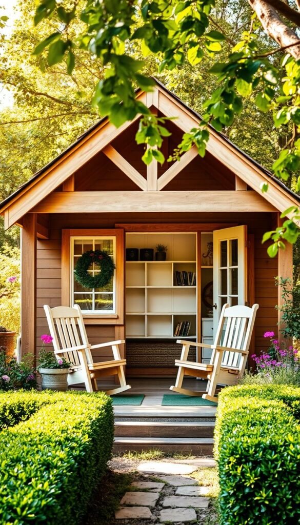 A charming cottage-style garden shed with a dual-purpose design, nestled among lush greenery. The wooden structure features a peaked roof, rustic siding, and quaint decorative trim. A cozy porch invites visitors, with a pair of rocking chairs and a wreath on the door. Warm sunlight filters through the windows, casting a soft glow. The shed's interior is visible, revealing shelves and storage solutions that blend seamlessly with the cottage aesthetic. Surrounding the shed, a verdant garden flourishes, with colorful flowers and neatly trimmed hedges framing the scene. The overall atmosphere evokes a sense of tranquility and countryside charm.