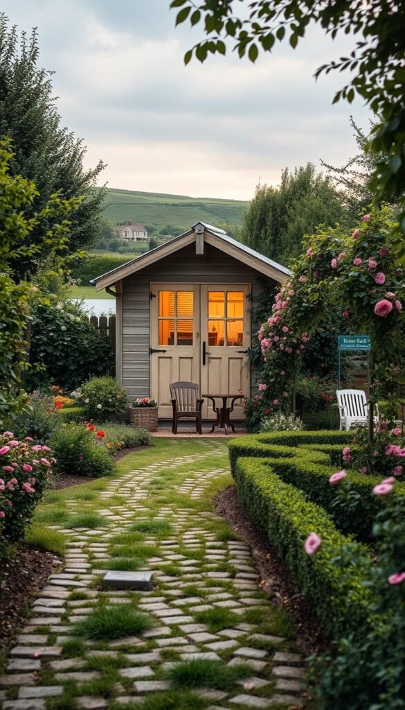 A charming garden shed nestled amidst a lush, verdant landscape. The rustic structure features a gabled roof, weathered wooden panels, and a charming double-door entryway. Soft, warm lighting filters through the window panes, creating a cozy and inviting atmosphere. In the foreground, a cobblestone path leads towards the shed, bordered by a whimsical array of blooming flowers and sprawling vines. The middle ground showcases a picturesque garden, with neatly trimmed hedges and a delicate trellis supporting a cascade of climbing roses. In the background, a gently rolling hill provides a serene backdrop, with a hint of a quaint country cottage peeking through the greenery.