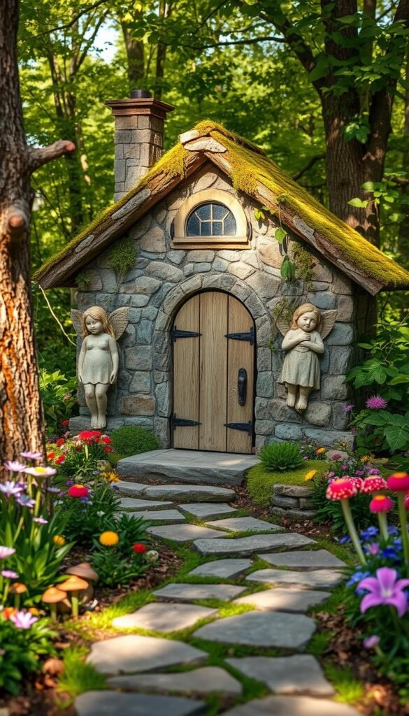 A charming stone fairy cottage nestled in a lush, verdant garden. The exterior features weathered stone walls, a moss-covered roof, and delicate trailing vines. A whimsical wooden door is flanked by carved stone fairies, their expressions serene and welcoming. Sunlight filters through the surrounding trees, casting a warm, magical glow. In the foreground, a meandering stone path leads to the cottage, bordered by vibrant wildflowers and clusters of magical mushrooms. The overall atmosphere evokes a sense of enchantment and tranquility, inviting the viewer to step into this captivating backyard hideaway.