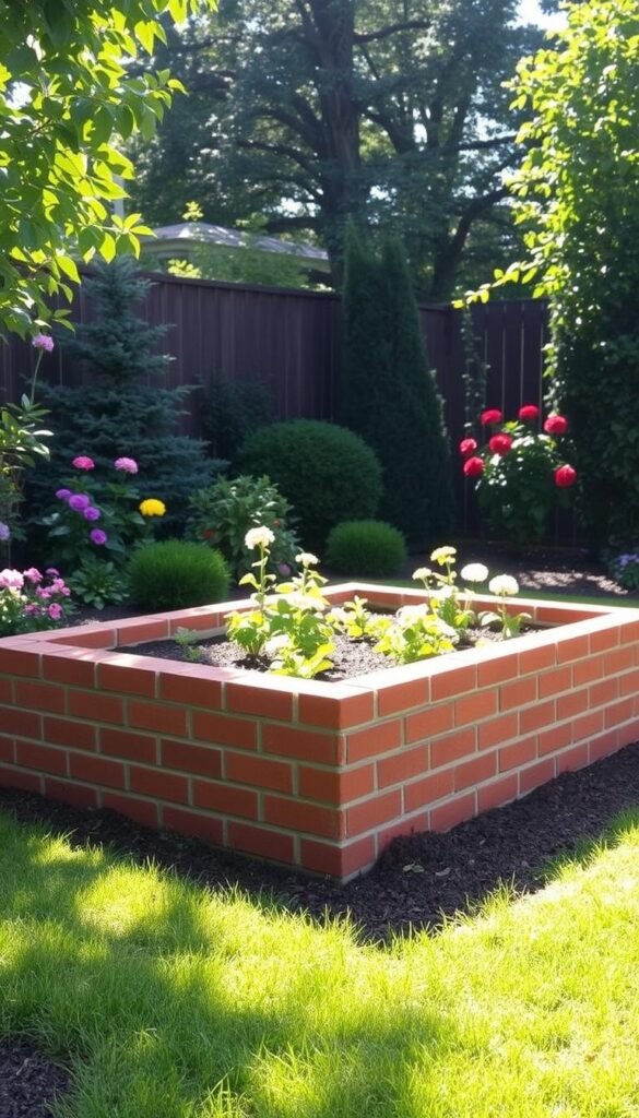 A classic brick-lined raised garden bed sits in a lush, well-tended backyard. The bricks, a warm earthy red, are expertly laid in a sturdy, uniform pattern, promising years of reliable service. Sunlight filters through the surrounding foliage, casting a gentle glow on the garden bed's surface. The garden's layout is thoughtfully designed, with the raised bed occupying a prominent central position, surrounded by vibrant blooms and neatly trimmed greenery. The overall scene evokes a sense of timeless elegance and enduring durability, perfectly capturing the benefits of brick raised garden beds. A classic brick-lined raised garden bed sits in a lush, well-tended backyard. The bricks, a warm earthy red, are expertly laid in a sturdy, uniform pattern, promising years of reliable service. Sunlight filters through the surrounding foliage, casting a gentle glow on the garden bed's surface. The garden's layout is thoughtfully designed, with the raised bed occupying a prominent central position, surrounded by vibrant blooms and neatly trimmed greenery. The overall scene evokes a sense of timeless elegance and enduring durability, perfectly capturing the benefits of brick raised garden beds.