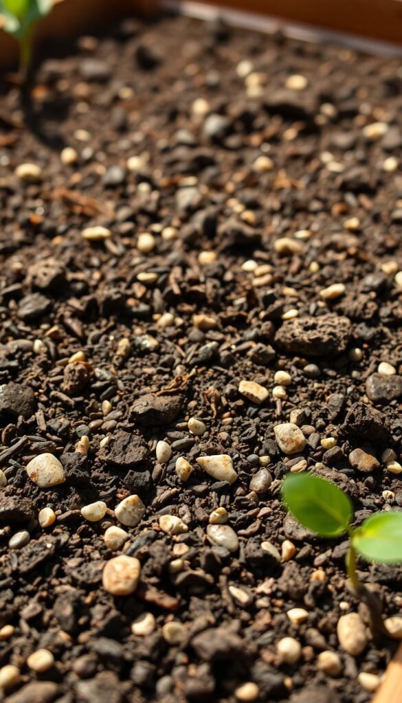 A close-up, high-resolution photograph of a well-lit, textured soil mix in a raised garden bed. The foreground showcases a mixture of dark, nutrient-rich compost, light-colored topsoil, and small pebbles, creating a visually appealing and balanced composition. The middle ground features a few partially visible roots and small plant matter, indicating the soil's fertility. The background is blurred, with the edges of the raised bed visible, providing context. The lighting is soft and natural, highlighting the earthy tones and creating a warm, inviting atmosphere. Captured with a high-quality DSLR camera and a 50mm lens, the image conveys the ideal soil mix for a productive raised garden bed.