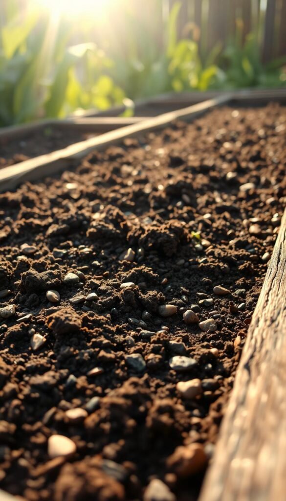 A close-up shot of a raised garden bed, showcasing its well-drained soil. The bed's sides are made of weathered wood, with a rich, dark-brown soil mixture filling the interior. Sunlight filters through the background, casting a warm, natural glow. The soil is textured, with visible organic matter and small pebbles, indicating excellent drainage and aeration. The camera angle emphasizes the bed's depth, highlighting the carefully layered soil profile. The overall scene conveys a sense of healthy, thriving soil that is optimized for plant growth in a raised bed gardening setup. A close-up shot of a raised garden bed, showcasing its well-drained soil. The bed's sides are made of weathered wood, with a rich, dark-brown soil mixture filling the interior. Sunlight filters through the background, casting a warm, natural glow. The soil is textured, with visible organic matter and small pebbles, indicating excellent drainage and aeration. The camera angle emphasizes the bed's depth, highlighting the carefully layered soil profile. The overall scene conveys a sense of healthy, thriving soil that is optimized for plant growth in a raised bed gardening setup.