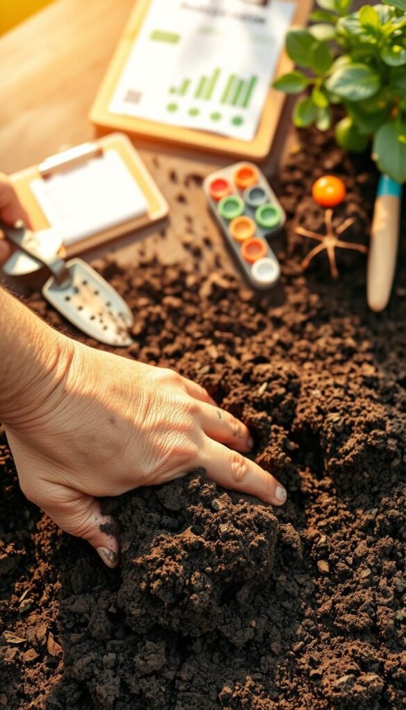 A close-up view of a gardener's hand digging into rich, dark soil, revealing the texture and structure. In the background, various garden tools, such as a trowel, soil pH test kit, and a clipboard with notes, are neatly arranged on a wooden surface, suggesting a thorough soil assessment process. Warm, natural lighting casts a soft glow, highlighting the earthy tones and details of the scene. The overall atmosphere conveys a sense of care, attention, and the importance of understanding the garden's soil composition for optimal plant growth.