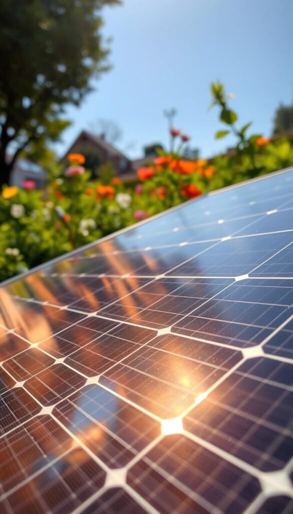 A close-up view of a high-efficiency solar panel, its surface shimmering with a metallic sheen. The panel is angled to capture the sun's rays, casting a warm, golden glow across the foreground. In the background, a lush, verdant garden comes into focus, with vibrant flowers and foliage. The scene conveys a sense of harmony between renewable energy and the natural world, highlighting how solar power can seamlessly integrate with and enhance a beautiful outdoor space.