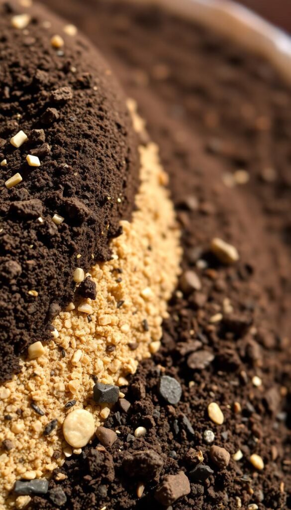 A close-up view of a layered container garden soil mix, showcasing its intricate composition. The foreground displays a rich, dark humus layer, interspersed with small pebbles and bits of organic matter. The middle ground reveals a lighter, loamy soil blend, enhanced with vermiculite and perlite for improved drainage and aeration. In the background, a subtle gradient of earthy tones blends seamlessly, creating a sense of depth and natural stratification. The lighting is soft and diffused, casting gentle shadows that accentuate the textural details of the soil layers. The overall composition conveys a sense of nourishment and vitality, primed for healthy plant growth in a container garden setting.