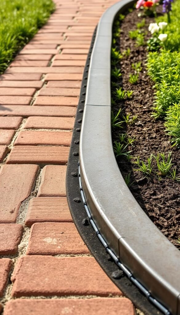 A close-up view of a traditional garden border, featuring a combination of rustic brick and weathered metal edging. The bricks are laid in a uniform pattern, their warm, earthy tones contrasting beautifully with the cool, industrial-inspired metal trim. The edging creates a clean, defined line that neatly separates the planting beds from the surrounding lawn or pathway. Soft, directional lighting casts shadows that accentuate the textural details of the materials, lending a sense of depth and dimension to the scene. The overall atmosphere is one of timeless elegance and understated sophistication, perfectly suited for a classic, well-manicured flower garden.