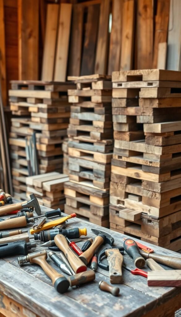 A cluttered but organized arrangement of reclaimed pallet wood boards, rough-hewn lumber, and essential carpentry tools. The foreground features an assortment of hand tools like hammers, saws, drills, and chisels, neatly laid out on a weathered workbench. In the middle ground, stacks of sanded and unsanded pallet wood planks in varying shades of brown and gray create a rustic, textured backdrop. The background is softly blurred, hinting at a cozy, well-lit woodworking shed or workshop, its warm lighting casting a gentle glow over the scene. The overall mood is one of purposeful preparation, capturing the spirit of a DIY gardening project in the making.