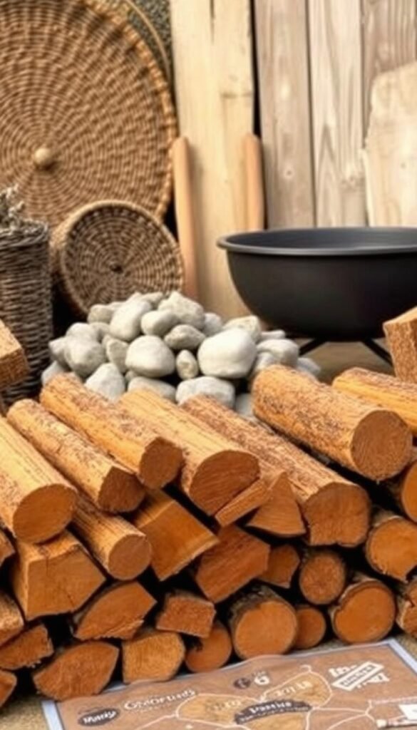 A collection of essential fire pit materials arranged in a rustic, inviting display. In the foreground, a stack of seasoned firewood logs, their natural textures and warm tones highlighted by soft, diffuse lighting. In the middle ground, a pile of smooth river rocks and a metal fire pit bowl, suggesting durability and functionality. In the background, a backdrop of textured, natural materials like woven baskets and weathered wood planks, creating a cozy, earthy ambiance. The overall composition conveys a sense of preparation and anticipation for evening gatherings around a crackling fire.